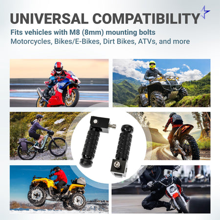 Infographic showing universal compatibility of black CNC aluminum M8 foldable foot pegs for various vehicles.