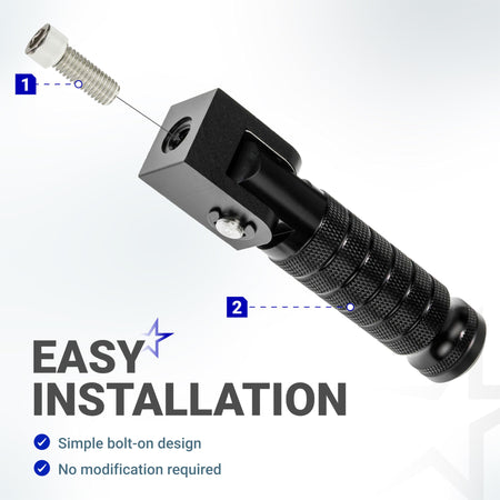Black CNC aluminum foldable motorcycle foot peg with M8 mounting bolt for easy installation.