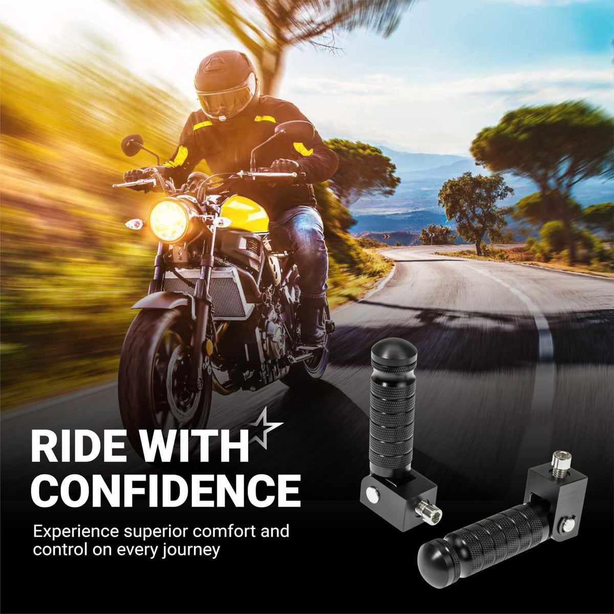 Pair of black CNC aluminum foldable motorcycle foot pegs with anti-slip texture shown in a lifestyle advertisement.