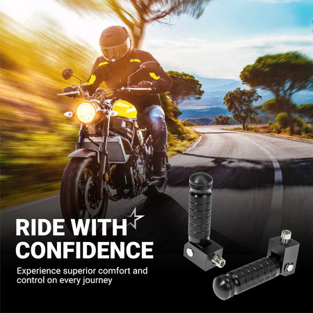 Pair of black CNC aluminum foldable motorcycle foot pegs with anti-slip texture shown in a lifestyle advertisement.