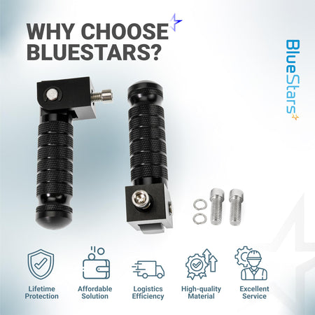 Two black CNC aluminum foldable motorcycle foot pegs with mounting bolts and washers.