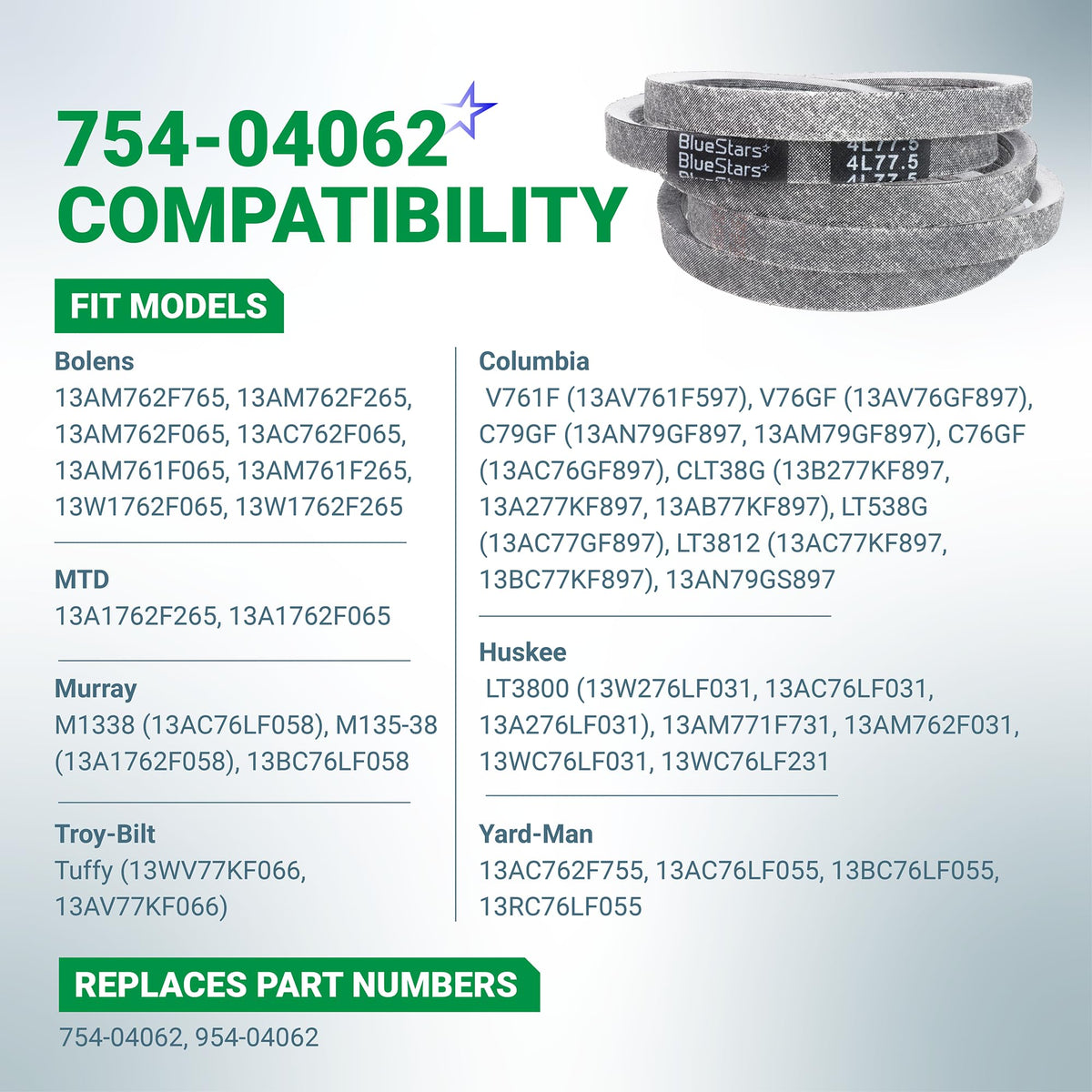 754-04062 954-04062 deck belt compatibility chart for MTD, Troy-Bilt, Bolens, and Huskee lawn mowers.