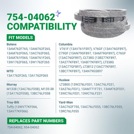 754-04062 954-04062 deck belt compatibility chart for MTD, Troy-Bilt, Bolens, and Huskee lawn mowers.