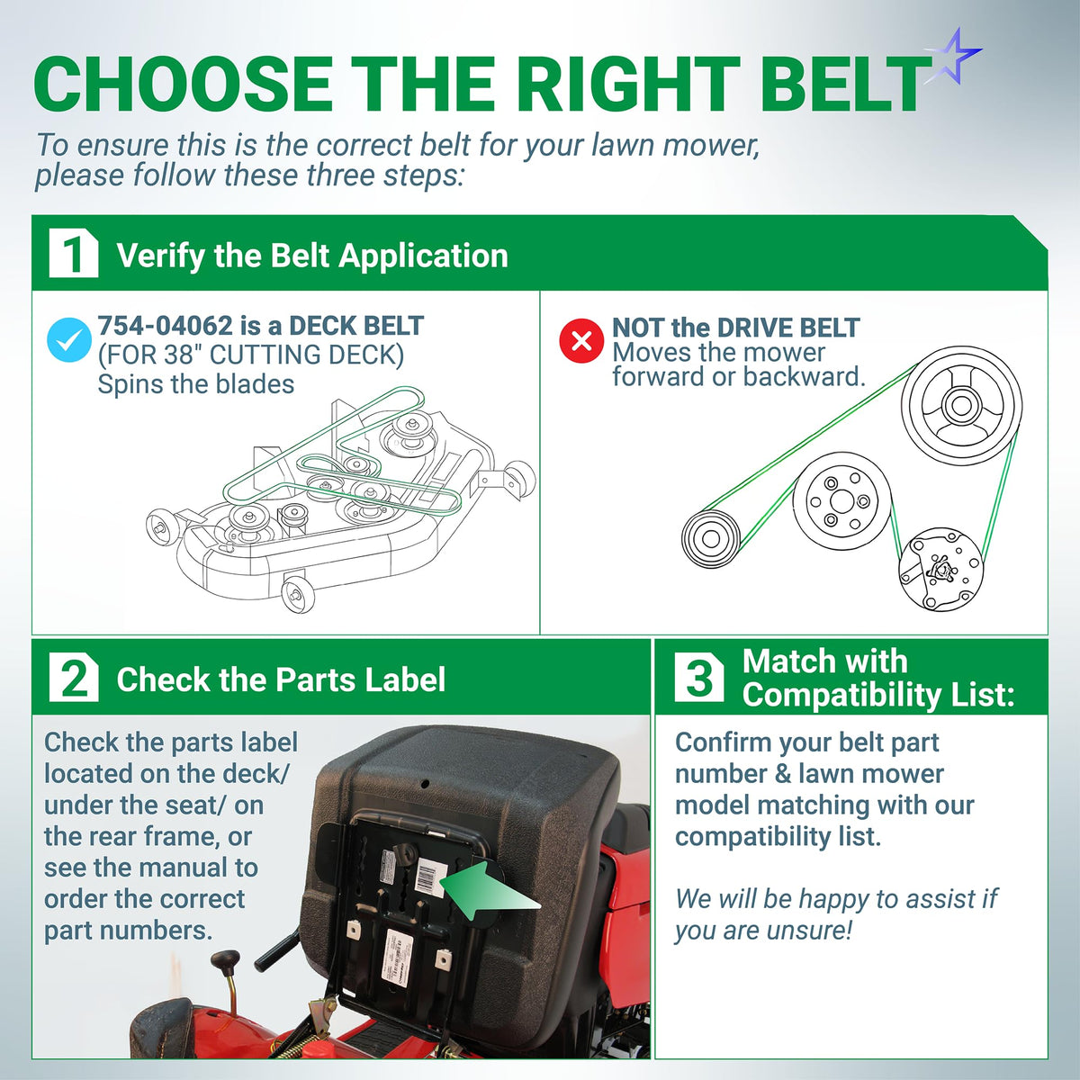 Instructional guide for identifying 754-04062 deck belt compatibility for 38-inch lawn mower cutting decks.