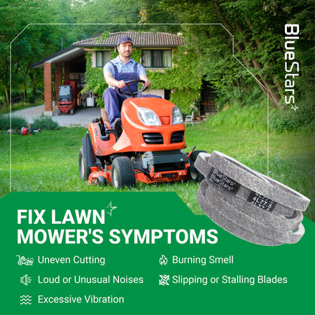 754-04062 deck belt for lawn mowers shown with a man operating a riding mower and a list of common repair symptoms.