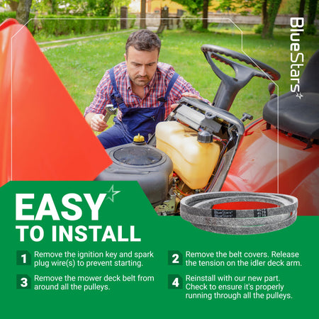 Instructional graphic showing 954-0349 lawn mower deck belt installation steps on a riding mower.