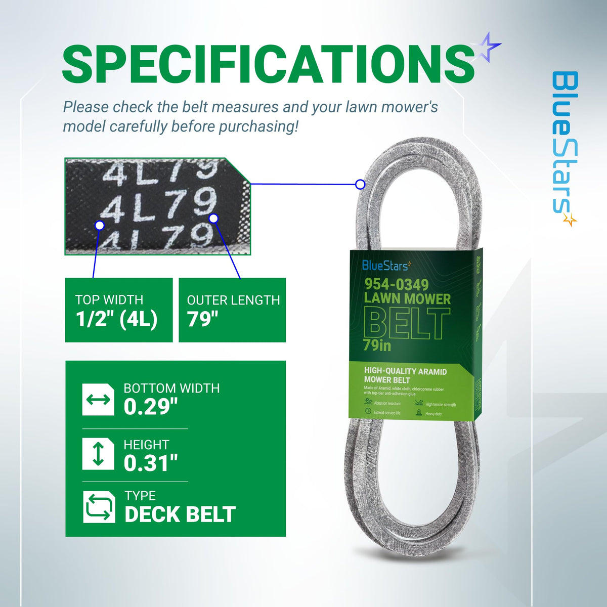 Specification chart for 954-0349 lawn mower deck belt showing dimensions, 1/2 inch width, and 79 inch length.