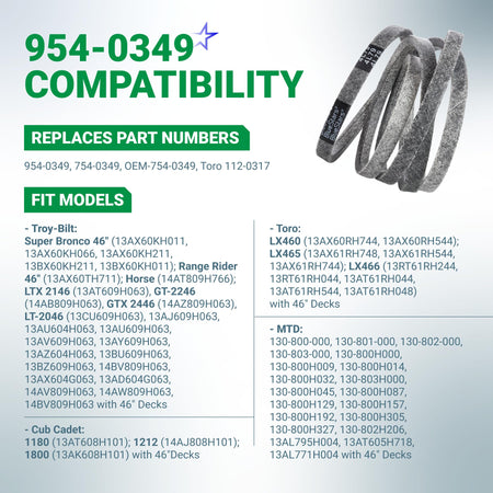954-0349 deck belt compatibility chart for Cub Cadet, Troy-Bilt, MTD, and Toro 46-inch lawn mowers.