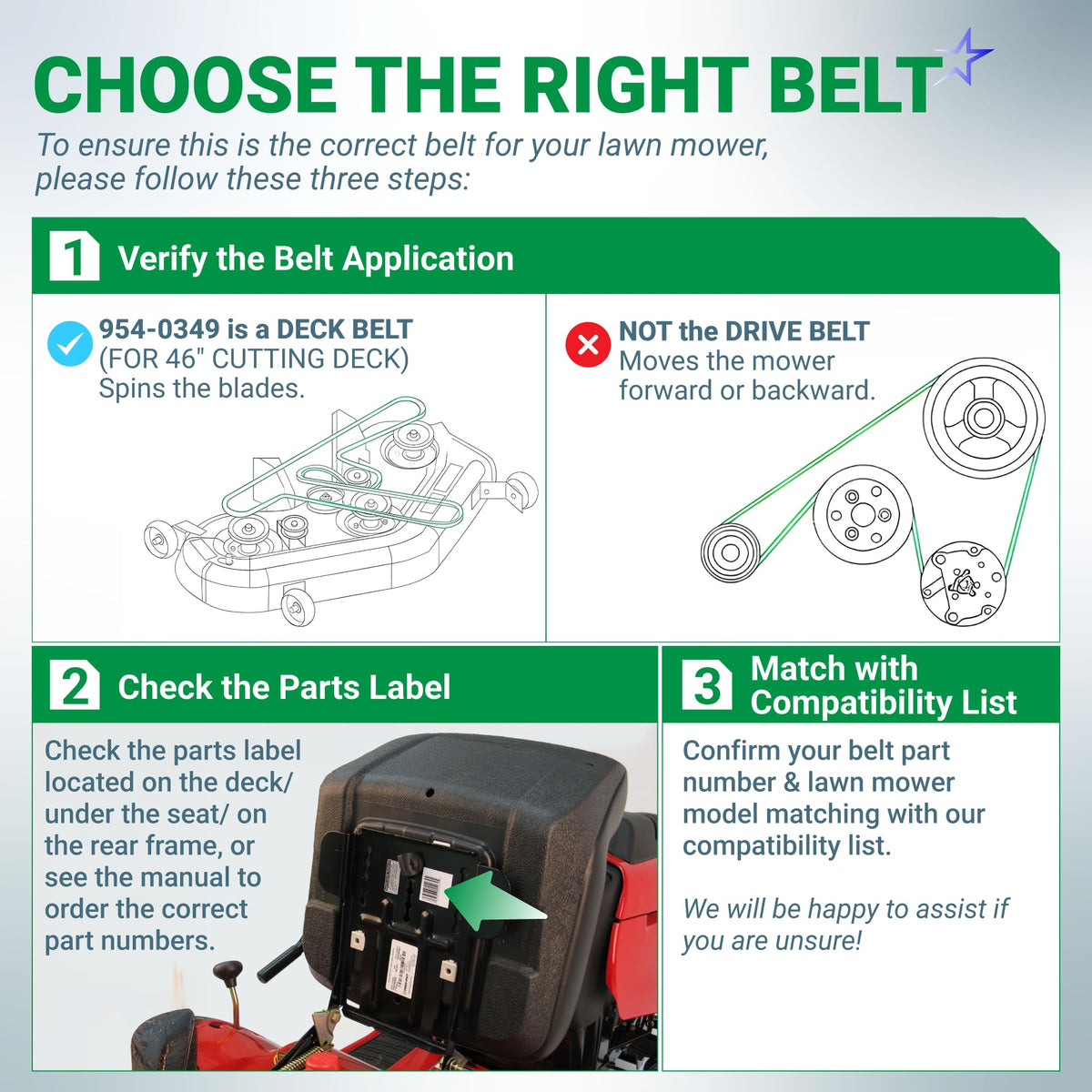 Instructional guide for identifying the correct 954-0349 deck belt for 46-inch lawn mower cutting decks.