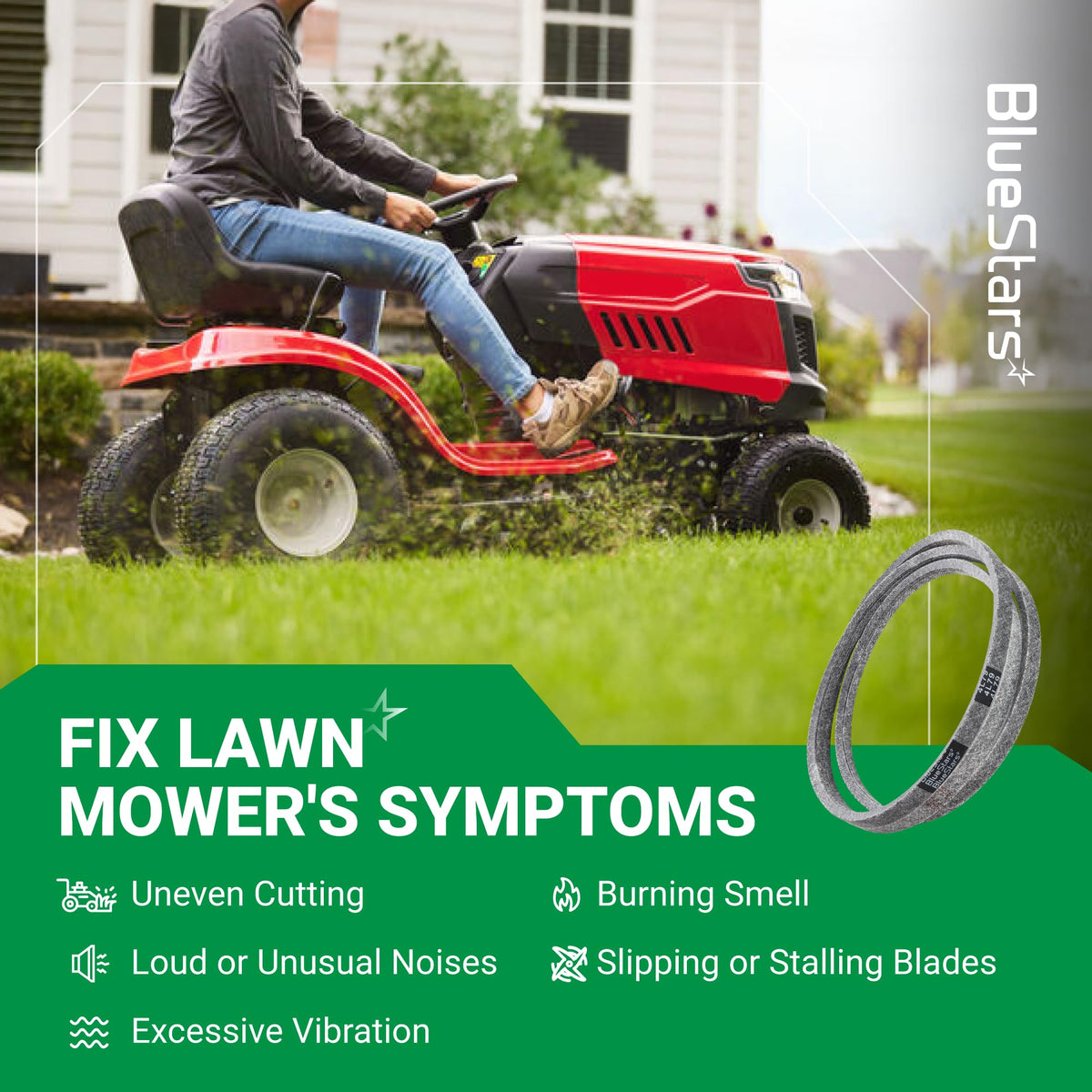 954-0349 replacement deck belt for lawn mowers shown with a riding mower and troubleshooting symptoms list.