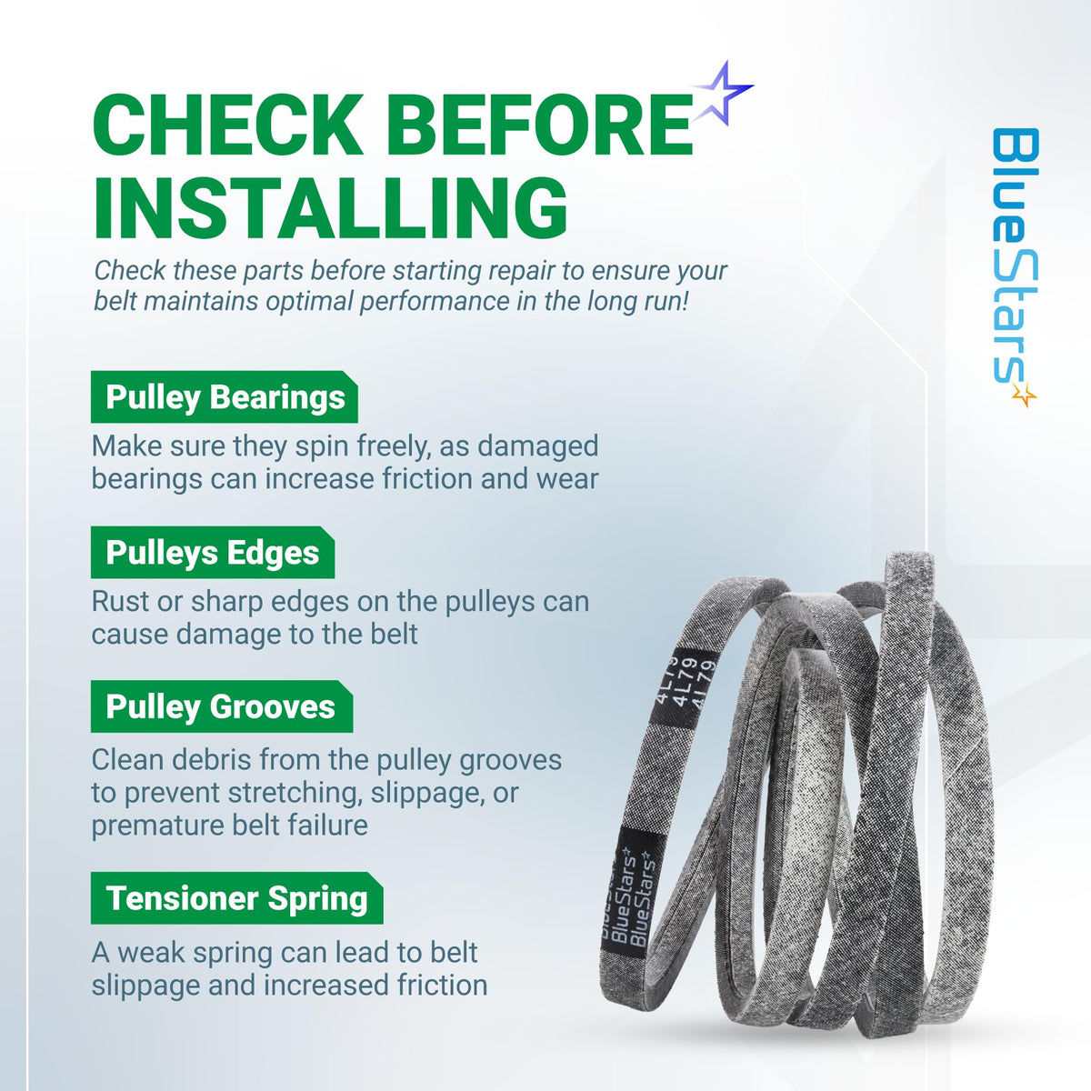 Instructional graphic for 954-0349 lawn mower deck belt installation tips and pulley maintenance checklist.