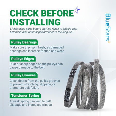 Instructional graphic for 954-0349 lawn mower deck belt installation tips and pulley maintenance checklist.