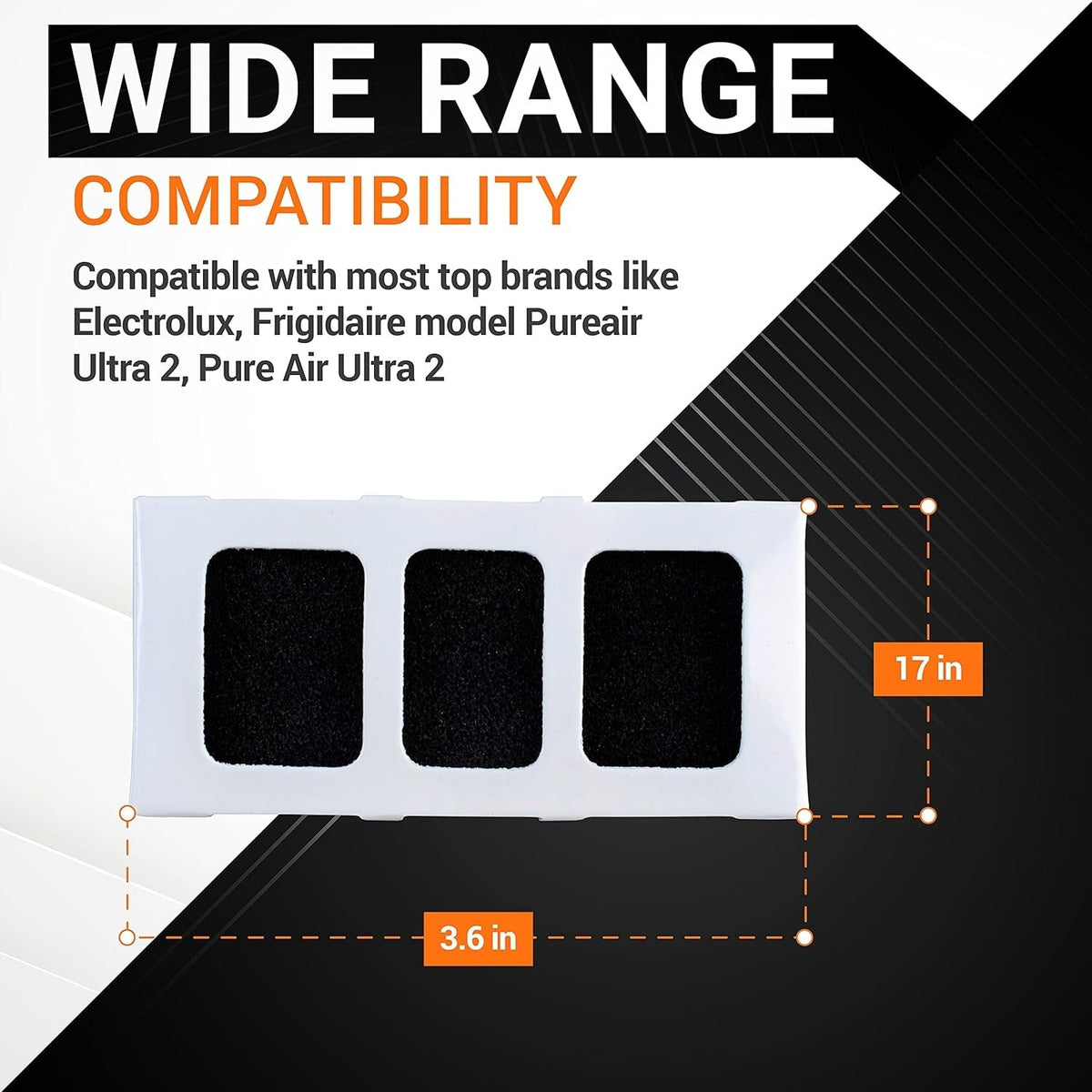 Paultra2 refrigerator air filter showing dimensions of 3.6 inches by 1.7 inches for PureAir Ultra II compatibility.