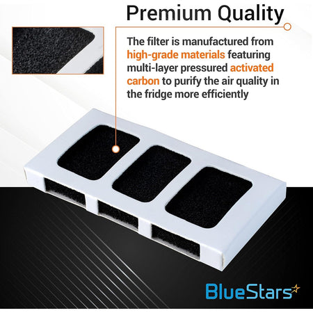 Paultra2 refrigerator air filter showing activated carbon layers and product quality details.