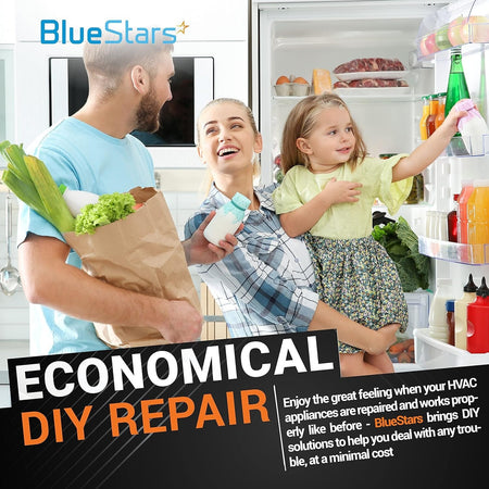 Family smiling while organizing groceries in a refrigerator, promoting BlueStars DIY appliance repair solutions.