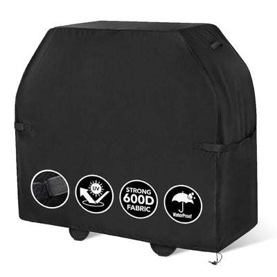 Black 58-inch heavy-duty 600D waterproof grill cover with UV protection icons and side straps.