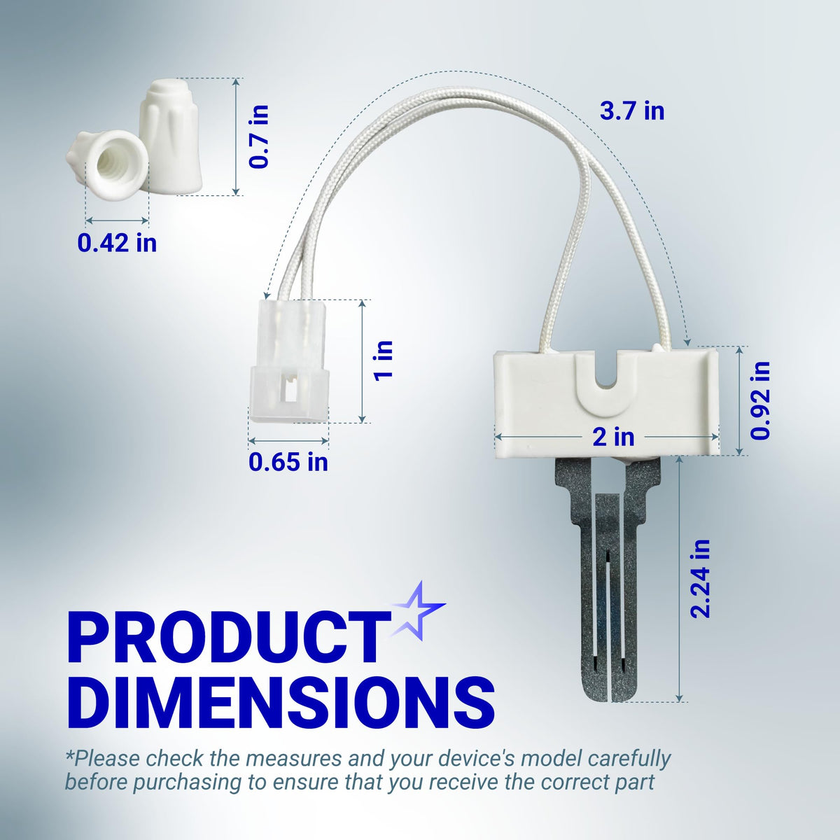 WE4X750 gas dryer igniter with wire harness and wire nuts, shown with detailed product dimension measurements.