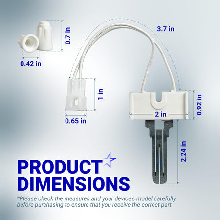 WE4X750 gas dryer igniter with wire harness and wire nuts, shown with detailed product dimension measurements.