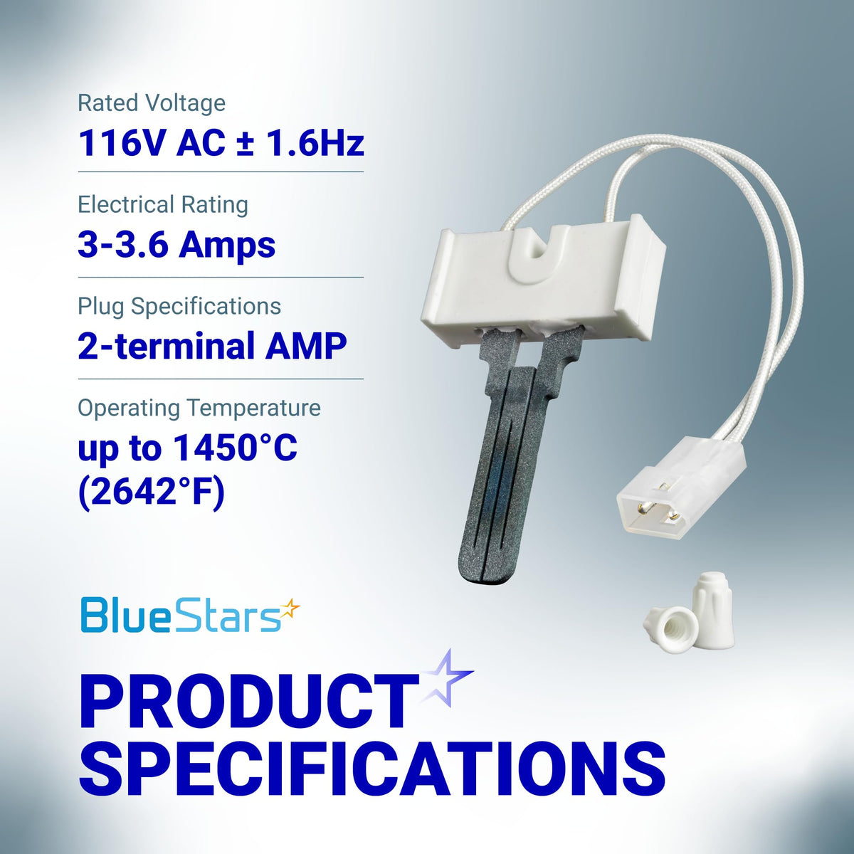 WE4X750 gas dryer igniter flat style replacement part with technical specifications and electrical ratings.