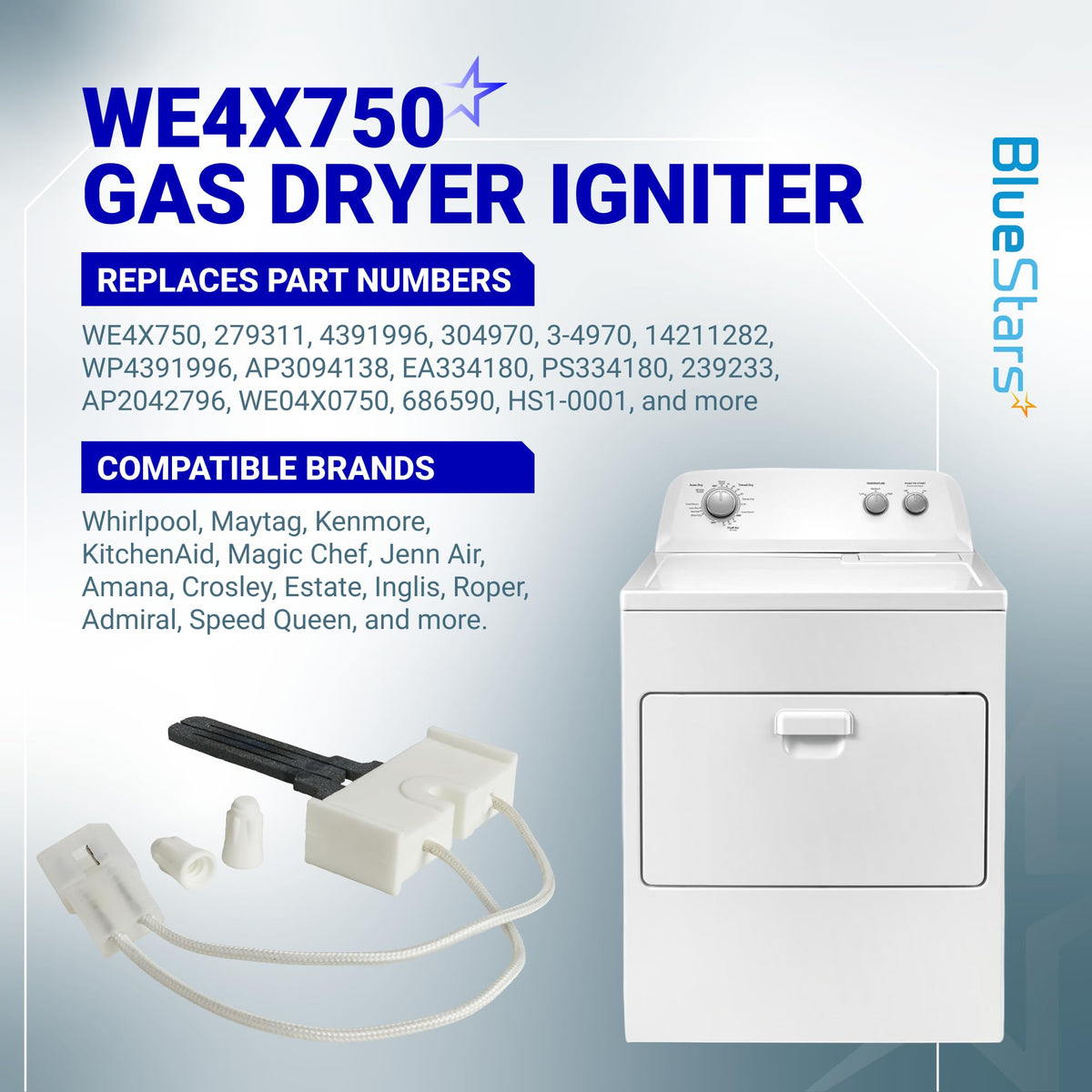 WE4X750 gas dryer igniter replacement part with wire harness and wire nuts shown next to a white dryer.