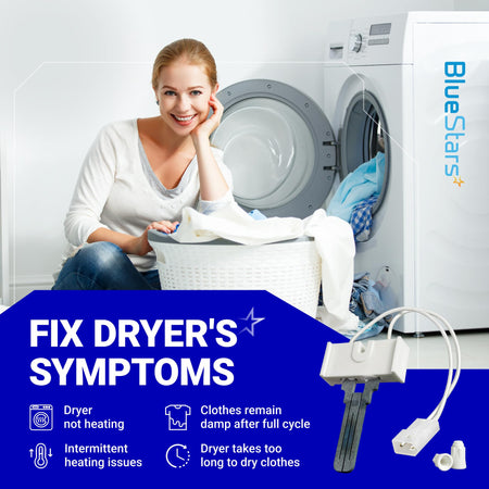WE4X750 flat style gas dryer igniter replacement part shown with dryer repair symptom guide.