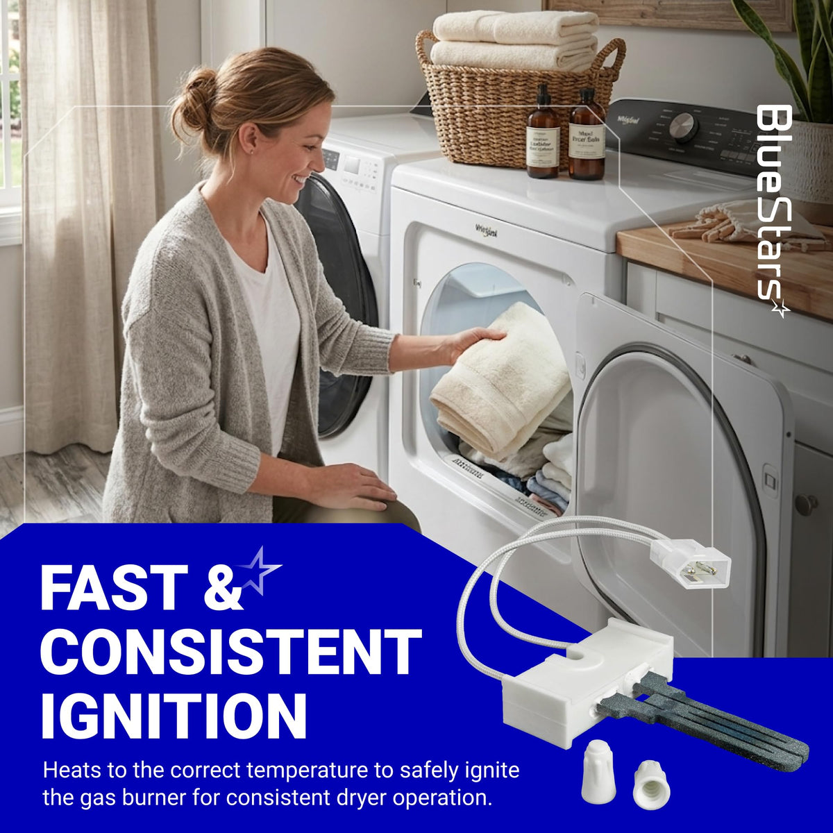 WE4X750 flat style gas dryer igniter shown with wire harness and wire nuts for Kenmore and Whirlpool dryers.