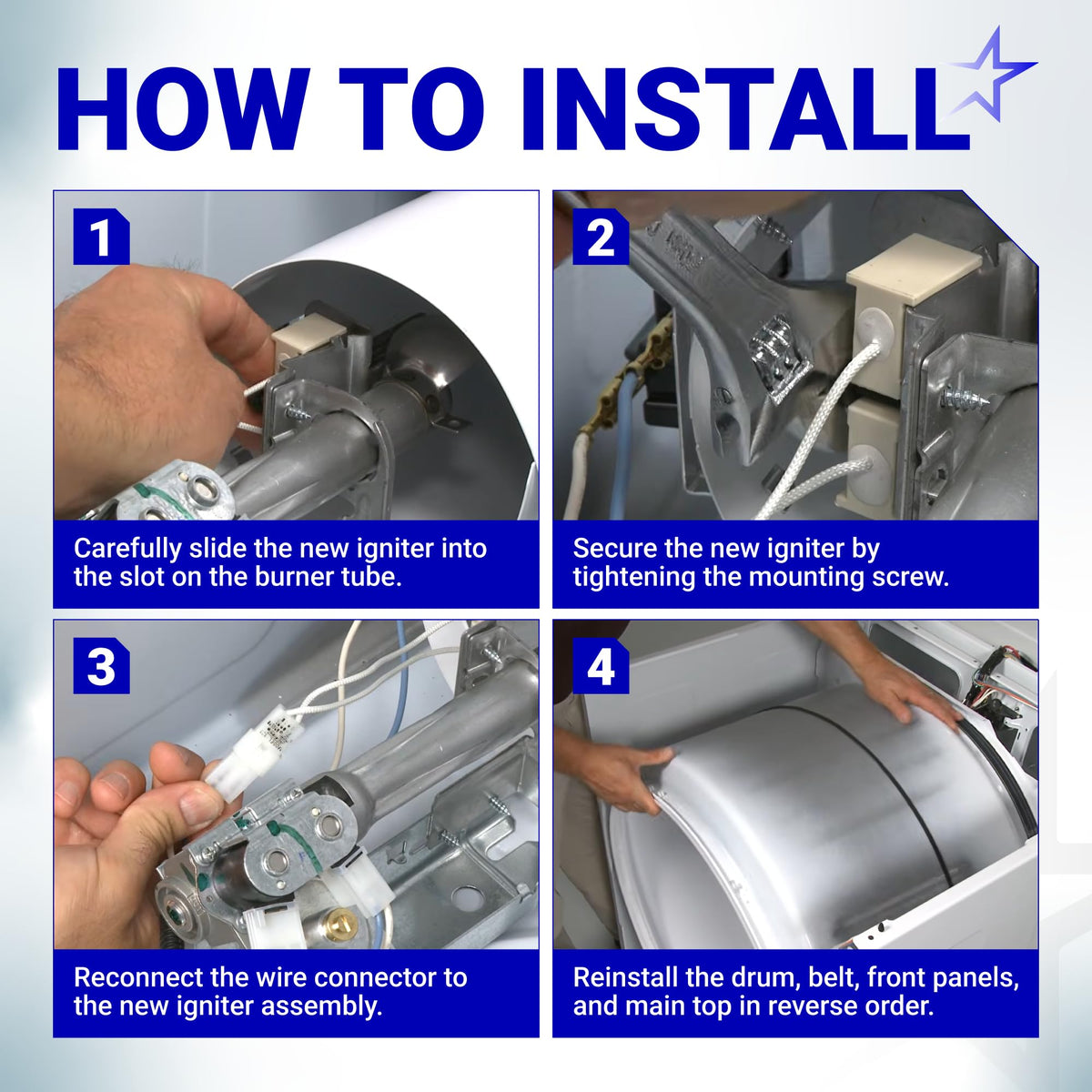 Four-step installation guide for replacing a gas dryer igniter on Kenmore, Whirlpool, and GE dryers.