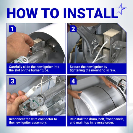 Four-step installation guide for replacing a gas dryer igniter on Kenmore, Whirlpool, and GE dryers.