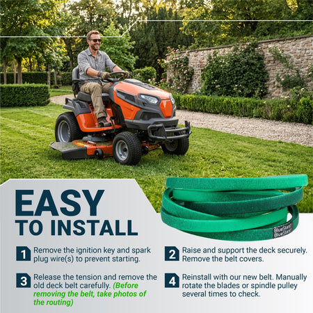 Replacement green mower deck belt with easy installation instructions for riding lawn mowers.