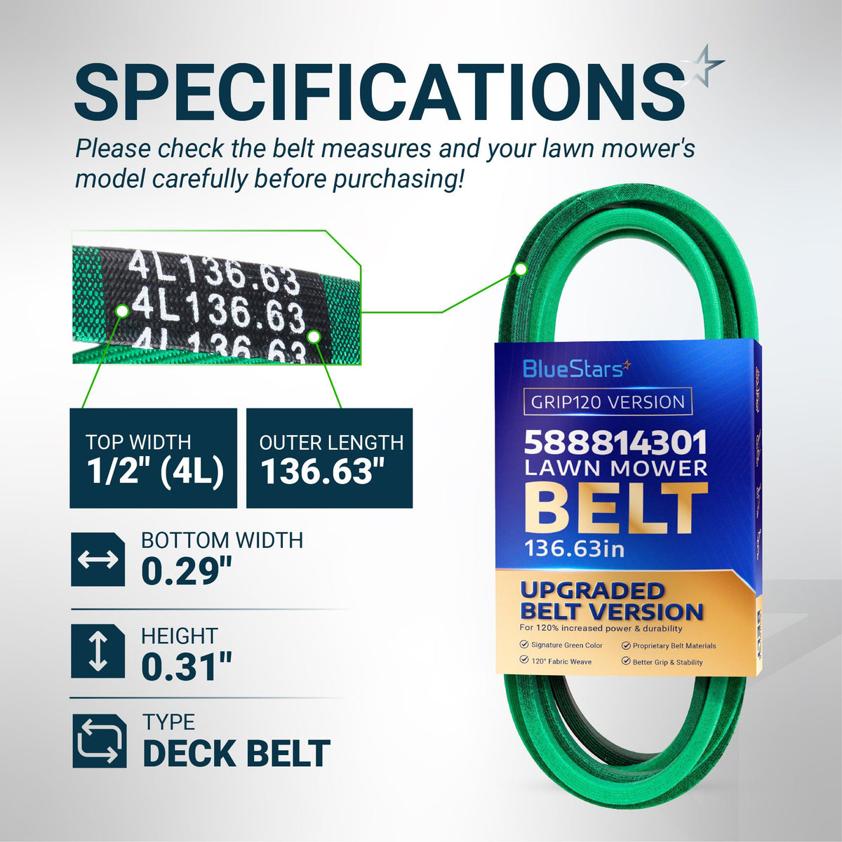 BlueStars 588814301 lawn mower deck belt specifications chart showing dimensions, 4L136.63 part number, and belt features.