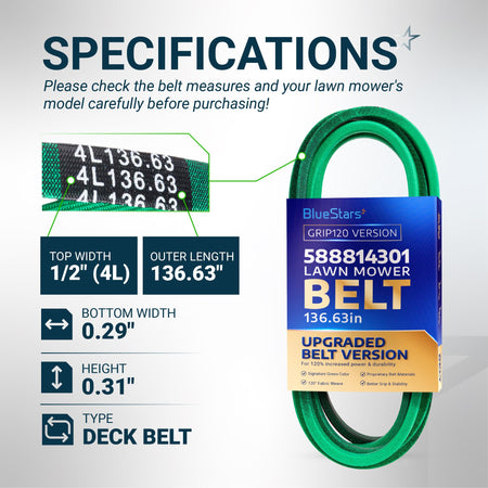 BlueStars 588814301 lawn mower deck belt specifications chart showing dimensions, 4L136.63 part number, and belt features.