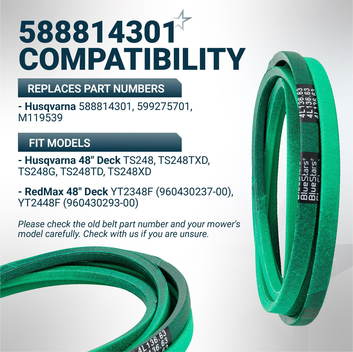Green replacement mower deck belt 588814301 for Husqvarna and RedMax 48-inch deck models.