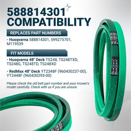 Green replacement mower deck belt 588814301 for Husqvarna and RedMax 48-inch deck models.