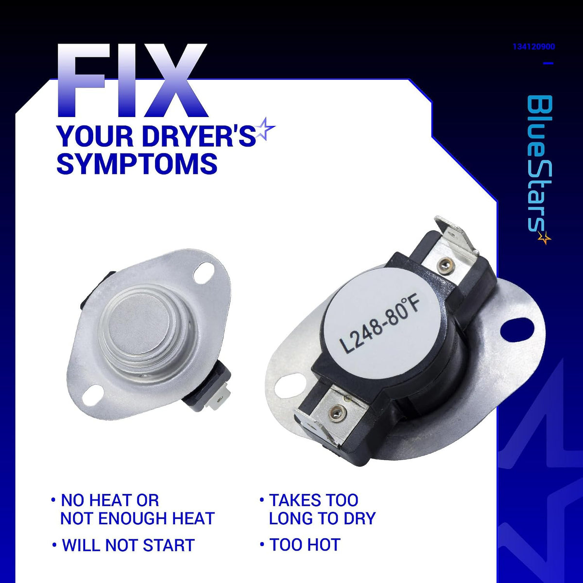 279769 Dryer Thermal Cut-Off Kit, showing two thermal cutoffs and listed dryer symptoms