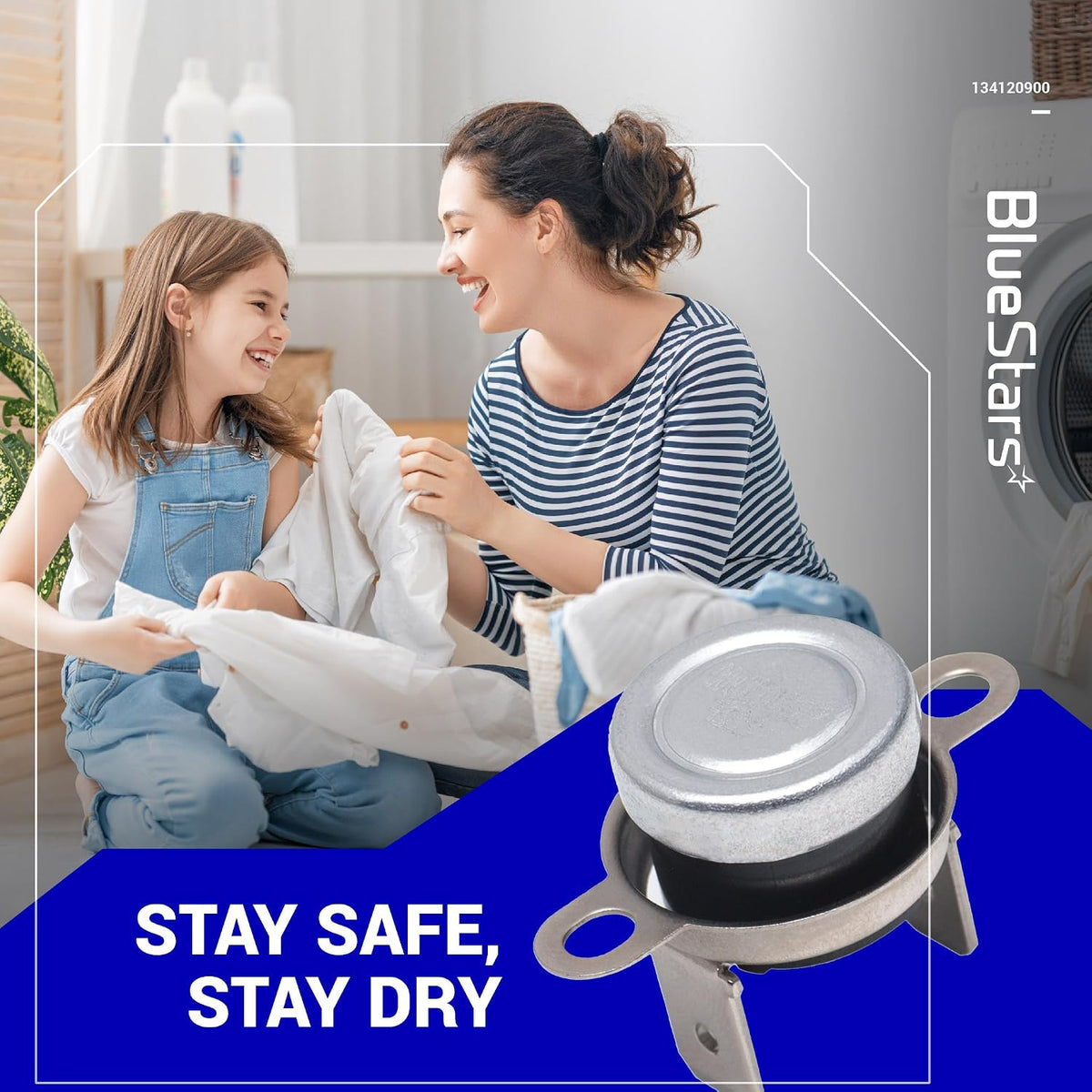279769 Dryer Thermal Cut-Off Kit promotional graphic showing the cutoff beside a mother and child folding laundry