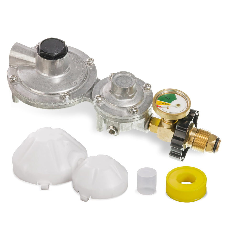 [CSA Certified] 2 Stage Propane Regulator with Gauge & POL - Standard P.O.L Connection for 20–100lb Tank and 3/8in Female Flare for RV Camper Grill Heater Generator - Propane Tank Regulator