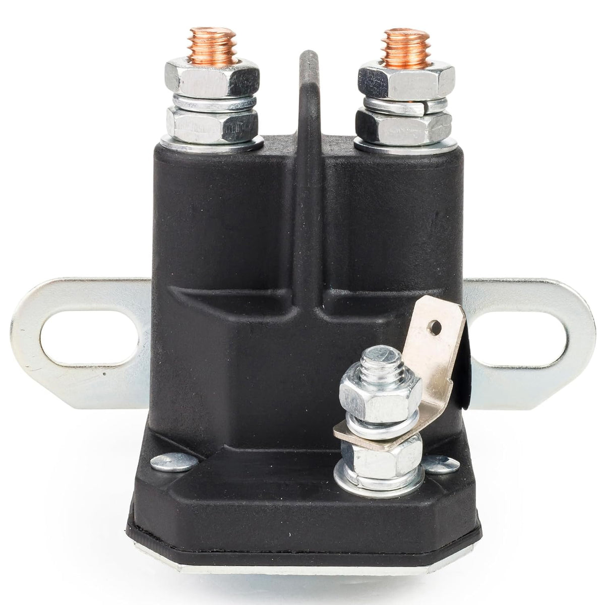 030817 Starter Solenoid, front view showing three terminals and the metal mounting bracket