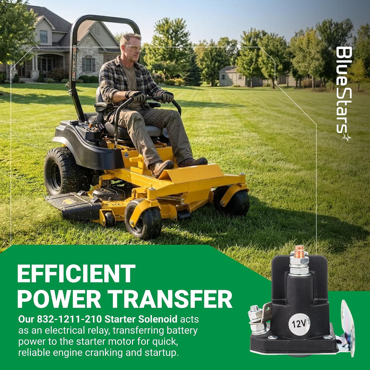 030817 Starter Solenoid 12V 3 Terminals, shown with a zero-turn mower and power-transfer text