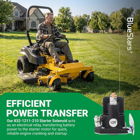 030817 Starter Solenoid 12V 3 Terminals, shown with a zero-turn mower and power-transfer text