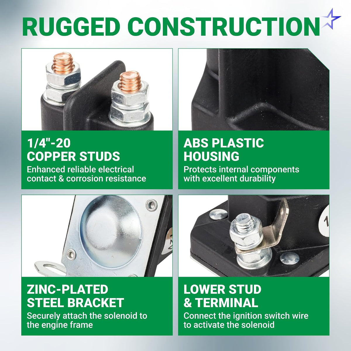 030817 Starter Solenoid 12V 3 Terminals infographic showing copper studs, ABS housing, zinc-plated bracket and lower stud