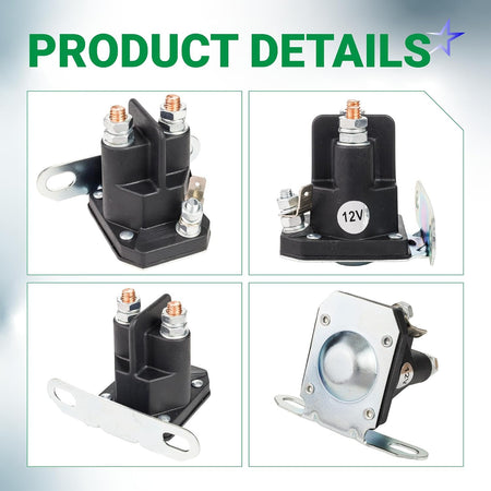 030817 Starter Solenoid, four product detail views showing 12V label, terminals, and mounting brackets