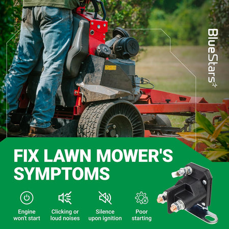 030817 Starter Solenoid graphic showing a zero-turn mower, solenoid, and engine-starting symptom icons