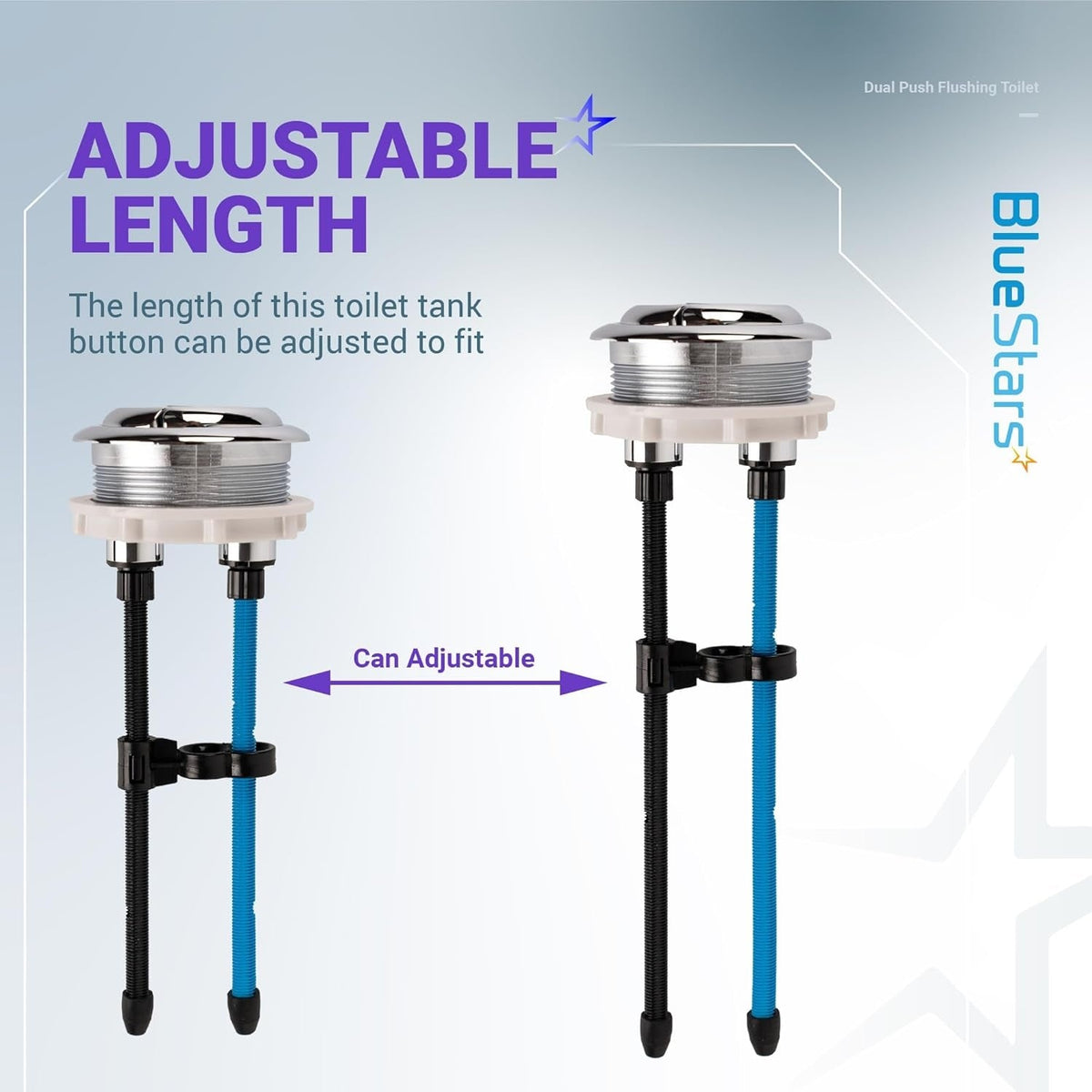 Two 48mm dual push toilet buttons showing adjustable length rods for custom tank fitment.