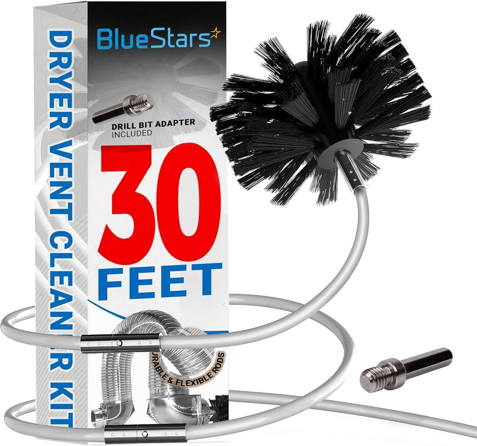 BlueStars 30-foot dryer vent cleaner kit packaging with cleaning brush, flexible rods, and drill attachment.