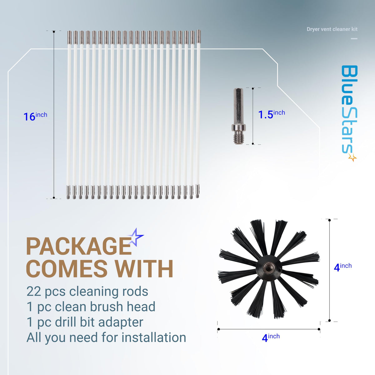 Dryer vent cleaner kit components including 22 detachable 16-inch rods, a 4-inch brush head, and a drill bit adapter.