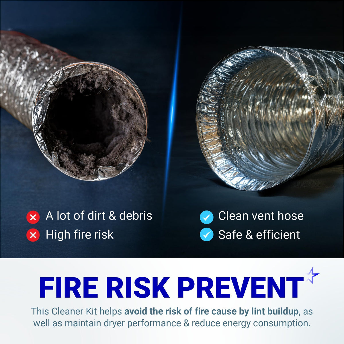 Comparison of a dirty dryer vent hose versus a clean vent hose to demonstrate fire risk prevention.
