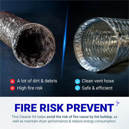 Comparison of a dirty dryer vent hose versus a clean vent hose to demonstrate fire risk prevention.