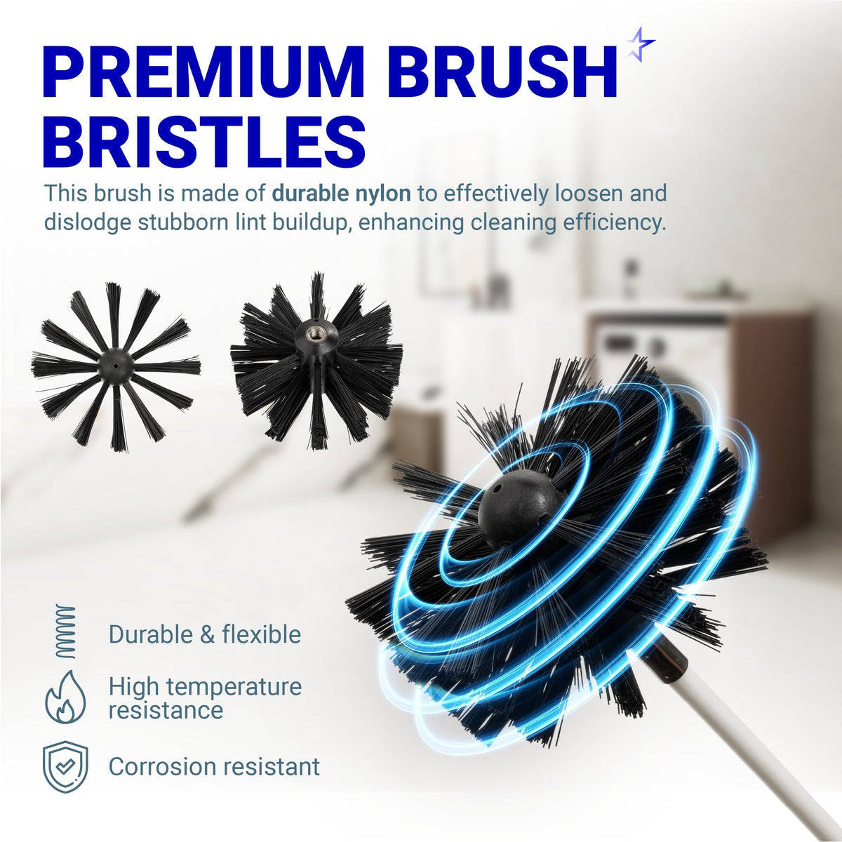 Durable nylon dryer vent cleaning brush head with flexible bristles for effective lint removal.