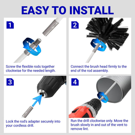 Four-step installation guide for dryer vent cleaner kit showing rod assembly, brush attachment, and drill connection.