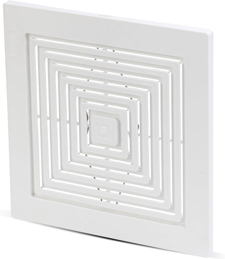 White plastic bathroom ceiling fan grille cover with concentric square design and mounting springs.